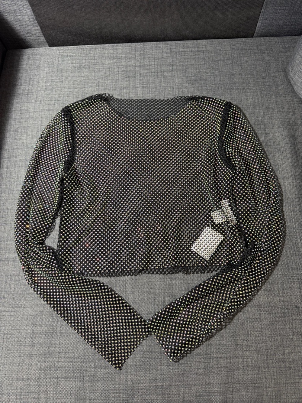 Discovery Black Mesh Long-Sleeve Crop Top with Iridescent Rhinestones